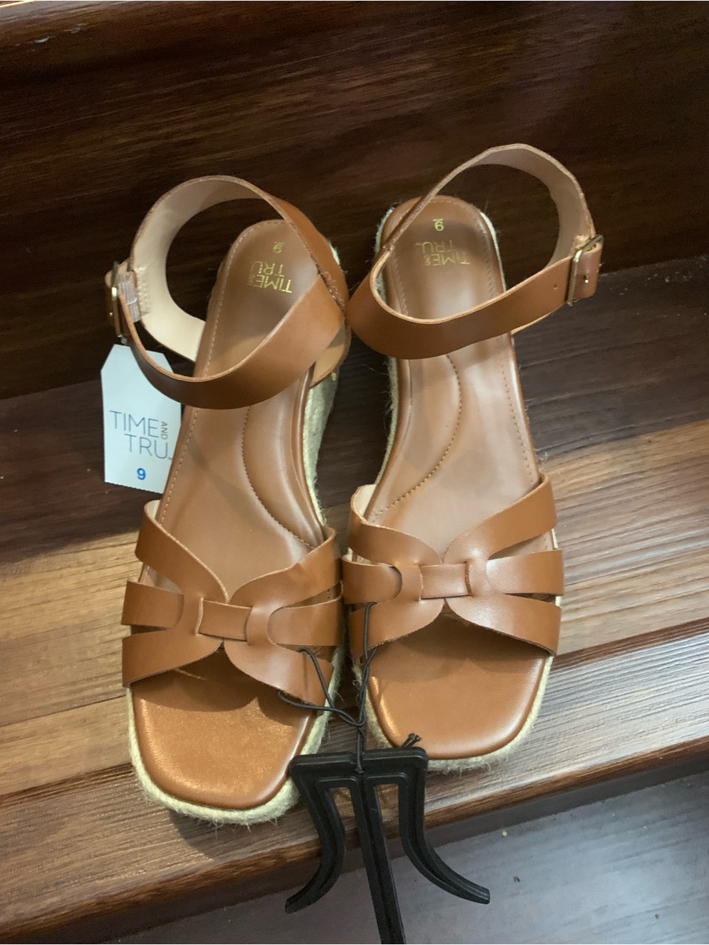 New Time and Tru Tan Braided-Strap Ankle-Wrap Wedge Sandals. Size 9